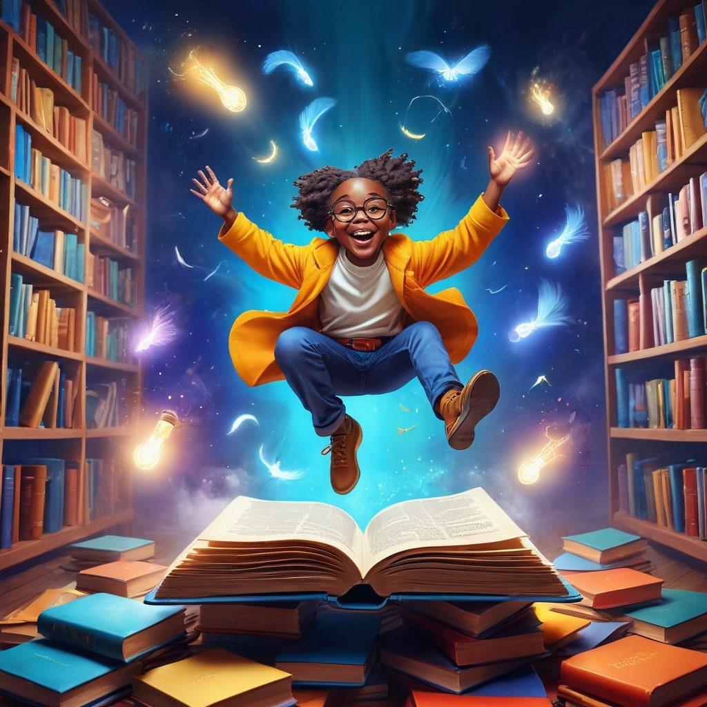 A whimsical representation of a scholar, surrounded by books, joyfully leaping from an open book into a vibrant scene filled with floating symbols of knowledge and happiness, such as light bulbs and smiling faces. The background should blend warm colors like yellow and orange, symbolizing delight and satisfaction, contrasted with serene blues for a balanced feel. An ethereal mist encapsulates the scene, giving it a dreamlike quality. super-realistic. vibrant colors. 3D.