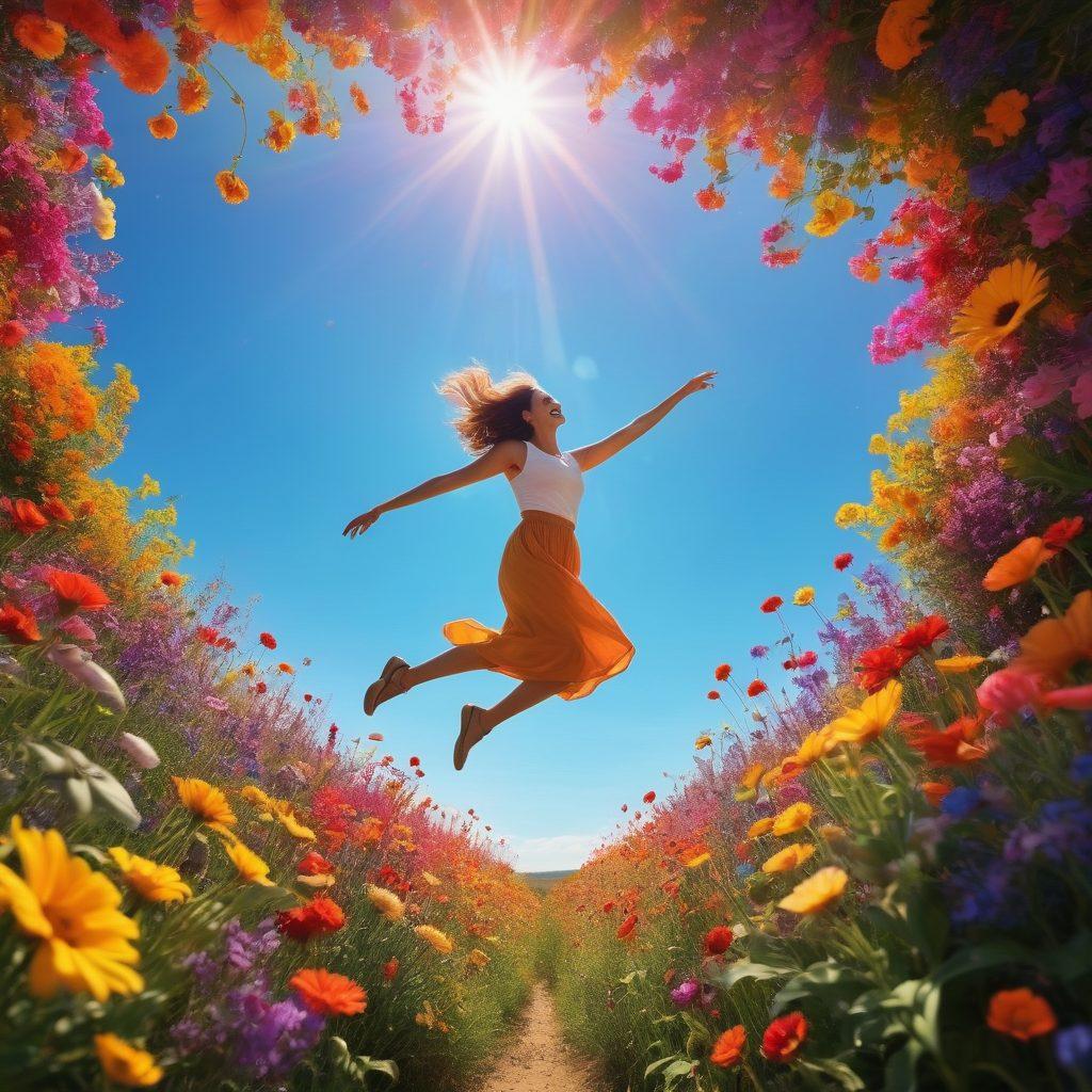 A whimsical landscape depicting a diverse group of people engaging in joyful activities, such as laughing, dancing, and sharing moments of kindness. Surround them with vibrant flowers and a bright sun radiating positivity, alongside floating quotes about happiness. Make it feel like a dreamlike journey through a colorful world of exploration and discovery. vibrant colors. painting.