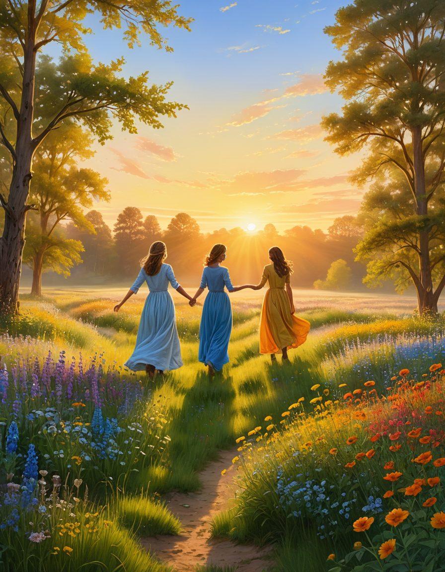 A serene landscape depicting a sunrise over a peaceful meadow filled with colorful wildflowers and a clear blue sky. In the foreground, a diverse group of happy people of various ages and backgrounds are engaging in joyful activities such as dancing, painting, and playing music, embodying the essence of happiness and connection. Soft, glowing light bathes the scene in warmth and positivity. super-realistic. vibrant colors.